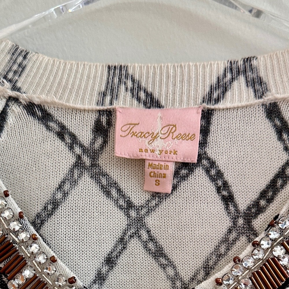 Tracy Reese NY Glam Beaded Diamond Rhinestone Cotton Cardigan White Black S - Picture 4 of 5